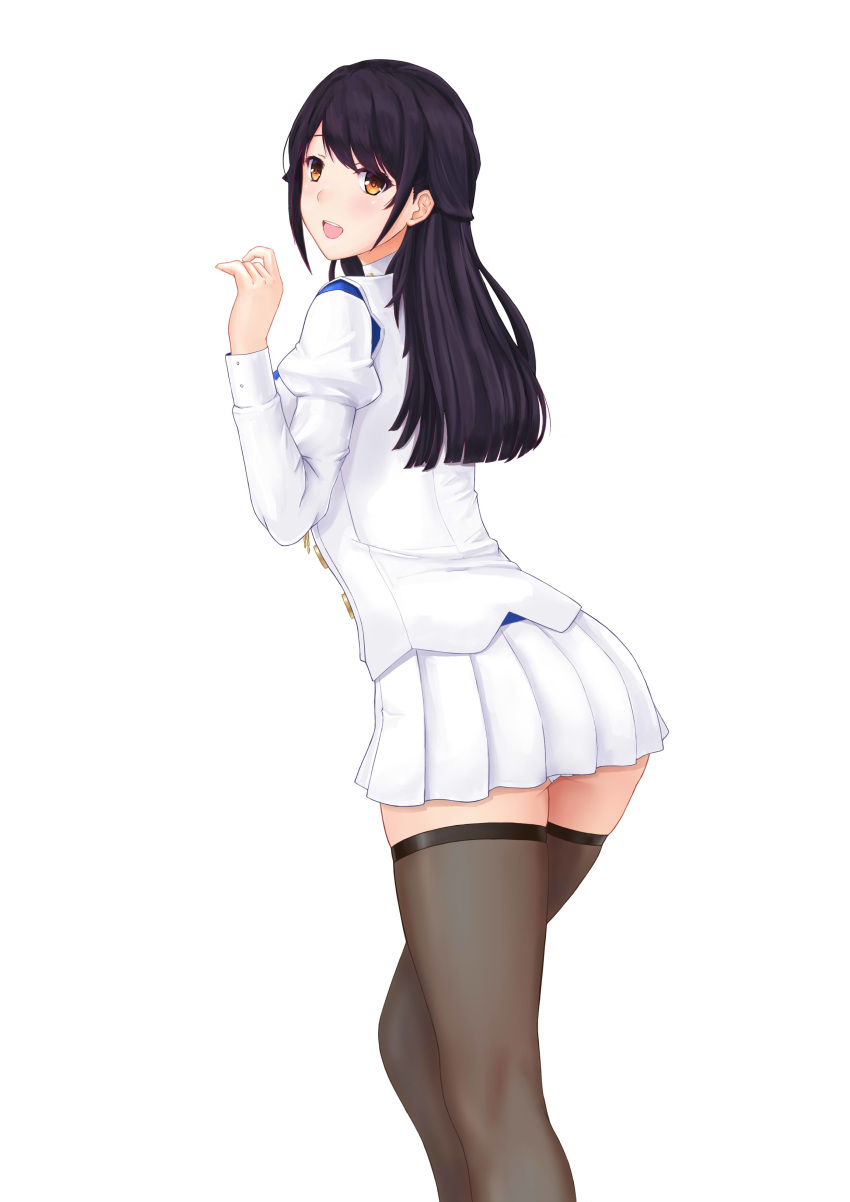 1girl absurdres azur_lane bangs black_hair black_legwear blush brown_eyes choukai_(azur_lane) commentary_request from_behind graphite_(medium) hand_up highres long_hair long_sleeves looking_at_viewer looking_back open_mouth pixiv8724247 pleated_skirt puffy_sleeves shiny shiny_hair shiny_skin simple_background skirt smile solo thighhighs traditional_media uniform white_background white_skirt zettai_ryouiki