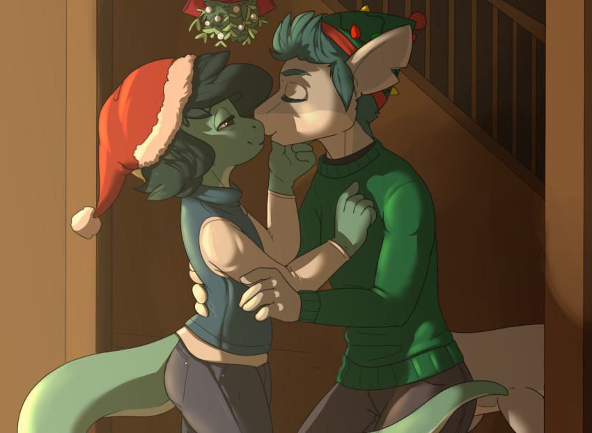 anthro athy black_hair blue_hair christmas christmas_clothes clothed clothing detailed_background digital_media_(artwork) duo eyes_closed fish great_white_shark hair holidays kissing lamnid lamniform male mammal marine mistletoe plant poisewritik pressie_(nerdshark) reptile requiem_shark scalie shark snake