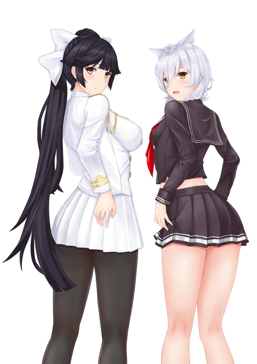 2girls absurdres animal_ear_fluff animal_ears azur_lane bangs black_hair blush bow breasts closed_mouth commentary_request from_behind graphite_(medium) hair_bow hand_on_hip highres kneepits long_hair long_sleeves looking_at_viewer looking_back maya_(azur_lane) medium_breasts multiple_girls open_mouth pantyhose pixiv8724247 pleated_skirt sailor_collar school_uniform serafuku shiny shiny_hair shiny_skin silver_hair simple_background skirt small_breasts takao_(azur_lane) tied_hair traditional_media uniform white_background yellow_eyes