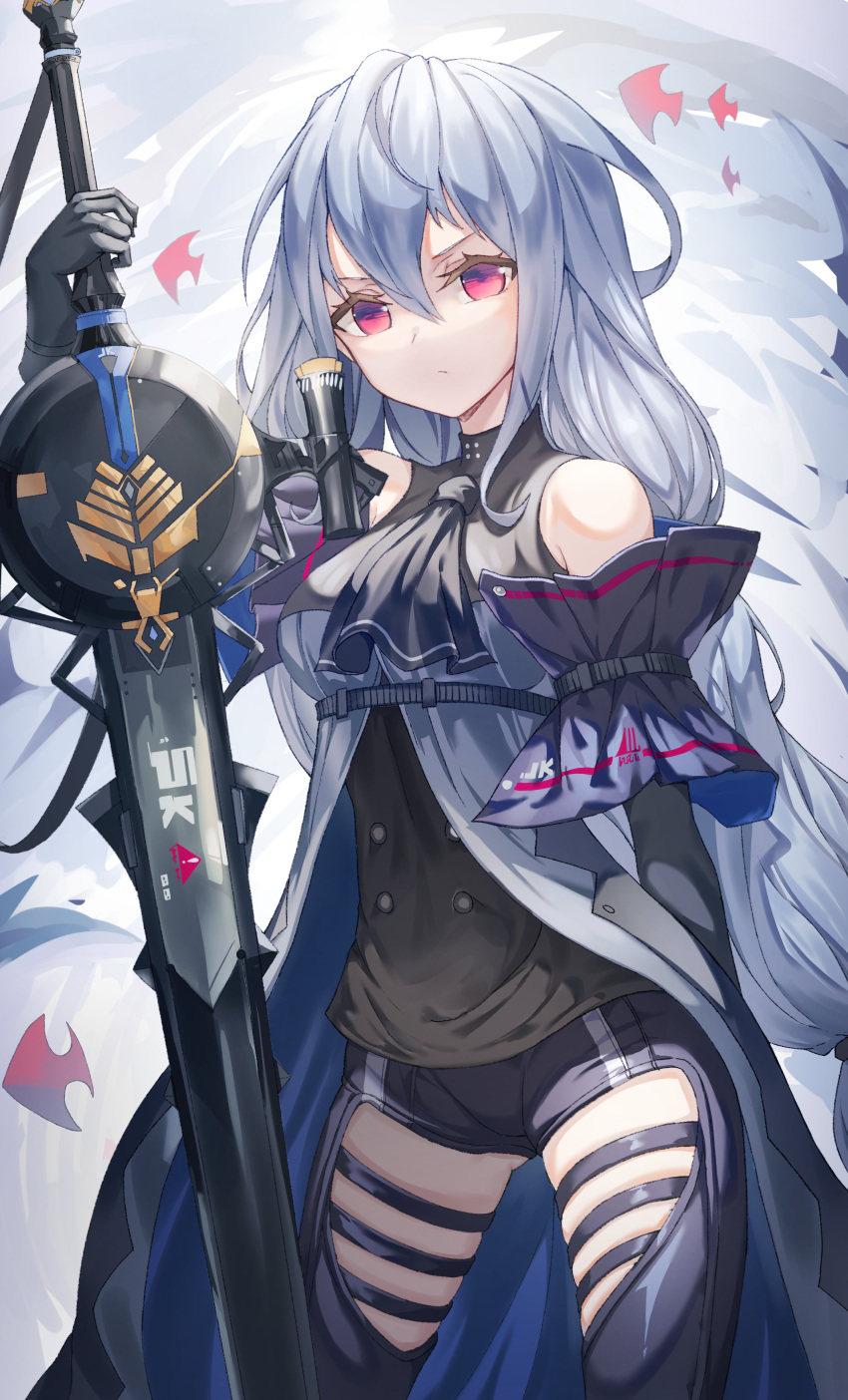 1girl absurdres arknights bare_shoulders black_gloves black_legwear breasts commentary_request dress gloves grey_hair hair_between_eyes hair_ornament highres holding holding_sword holding_weapon ildy large_breasts long-hair long_hair looking_at_viewer red_eyes skadi solo sword very_long_hair weapon