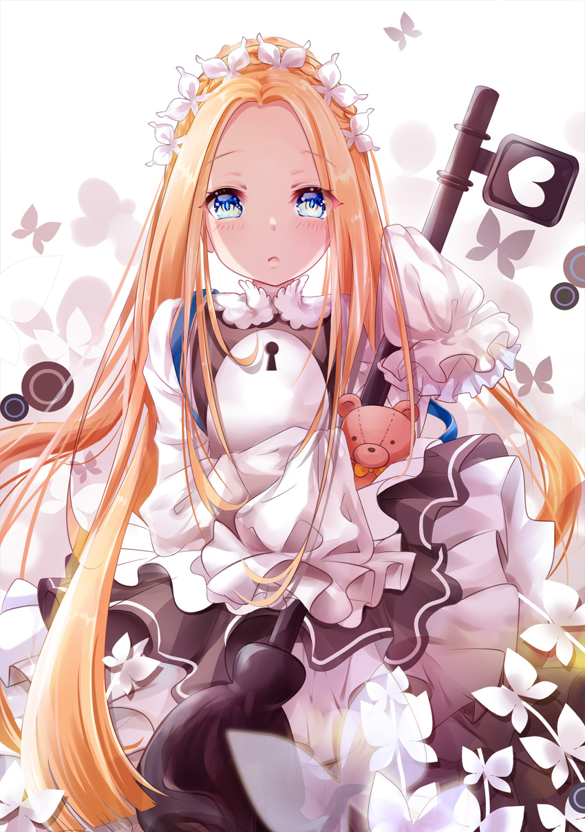 1girl abigail_williams_(fate/grand_order) bangs black_dress blonde_hair blue_eyes blush braid butterfly_hair_ornament dress eyebrows_visible_through_hair fate/grand_order fate_(series) forehead hair_bun hair_ornament hand_up heart heroic_spirit_chaldea_park_outfit highres keyhole long_hair long_sleeves looking_at_viewer mutang parted_bangs parted_lips shirt sidelocks sleeveless sleeveless_dress sleeves_past_fingers sleeves_past_wrists solo stuffed_animal stuffed_toy teddy_bear very_long_hair white_background white_shirt