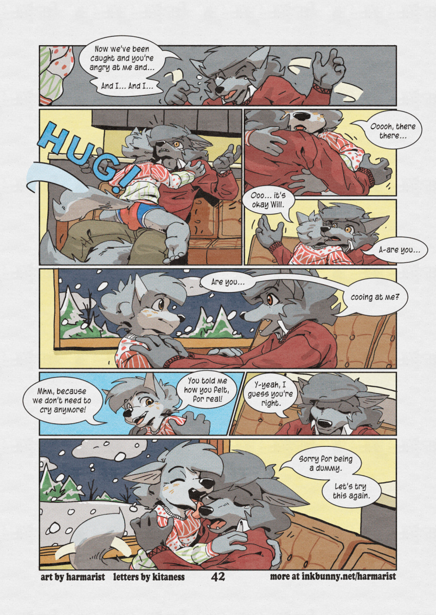 alex_(harmarist) anthro bodily_fluids briefs brother brothers bulge canid canine canis clothing comic cub embrace face_lick fur grey_fur harmarist hi_res licking male mammal open_mouth sibling sweater tears tongue tongue_out topwear underwear will_(harmarist) wolf young