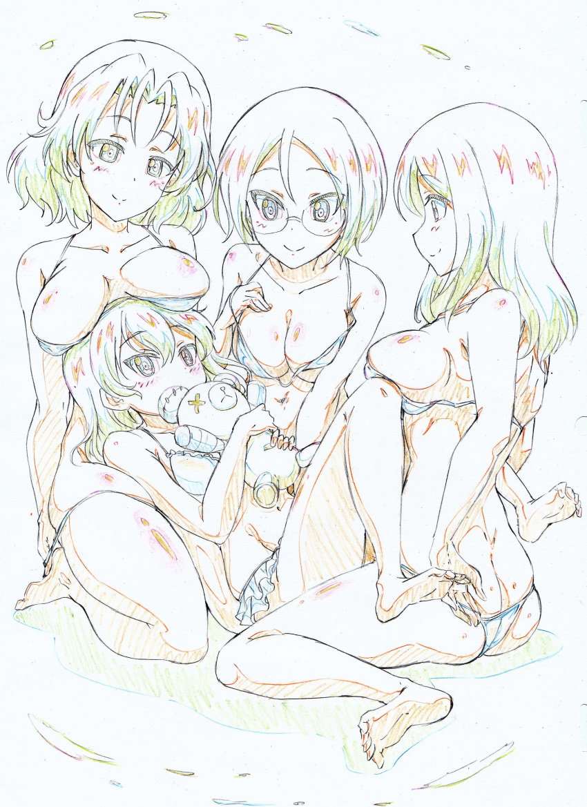 4girls absurdres adjusting_clothes adjusting_swimsuit ass azumi_(girls_und_panzer) bandages bangs barefoot bikini boko_(girls_und_panzer) breast_rest breasts breasts_on_head butt_crack cleavage color_trace colored_pencil_(medium) commentary eyebrows_visible_through_hair frilled_bikini frills girl_sandwich girls_und_panzer head_tilt highres holding holding_stuffed_animal kitazinger large_breasts long_hair medium_breasts megumi_(girls_und_panzer) multiple_girls parted_bangs round_eyewear rumi_(girls_und_panzer) sandwiched shimada_arisu short_hair sitting small_breasts stuffed_animal stuffed_toy swept_bangs swimsuit teddy_bear traditional_media wariza white_bikini