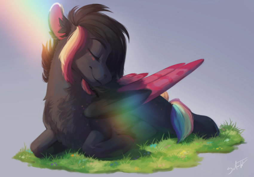 2019 black_fur black_hair digital_media_(artwork) equid equine eyes_closed fan_character feathered_wings feathers feral fur grass hair hi_res mammal my_little_pony pterippus silentwulv smile solo wings