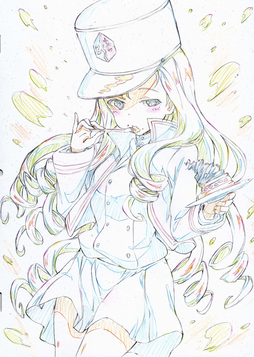 1girl absurdres bc_freedom_(emblem) bc_freedom_military_uniform blonde_hair blue_headwear blue_jacket blue_vest cake check_commentary color_trace colored_pencil_(medium) commentary_request cowboy_shot dress_shirt drill_hair eating emblem fish_food food fork girls_und_panzer green_eyes half-closed_eye hat high_collar highres holding holding_fork holding_plate jacket kitazinger long_hair long_sleeves looking_at_viewer marie_(girls_und_panzer) military military_hat military_uniform miniskirt plate pleated_skirt shako_cap shirt skirt solo standing traditional_media uniform vest white_shirt white_skirt