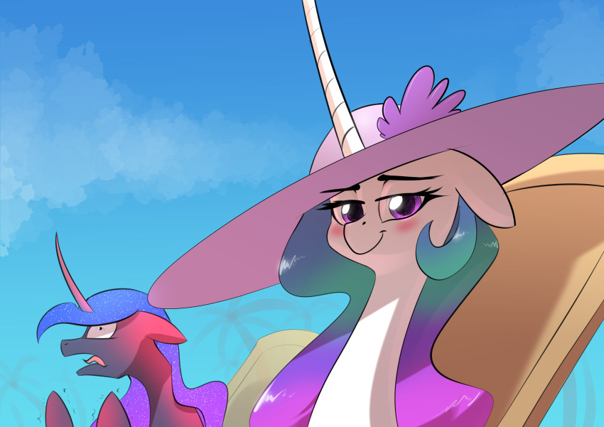 2019 absurd_res blush chair clothing equid friendship_is_magic hat headgear headwear hi_res horn long_horn mammal my_little_pony pain princess_celestia_(mlp) princess_luna_(mlp) purple_eyes sun_hat sunburn underpable unicorn