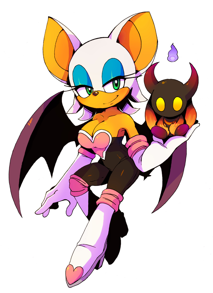 absurd_res ambiguous_gender black_skin breasts chao chaos_chao chiropteran cleavage clothed clothing eyeshadow female fire fur green_eyes halgalaz hi_res holding_(disambiguation) holding_character makeup mammal rouge_the_bat sonic_(series) white_fur wings yellow_eyes