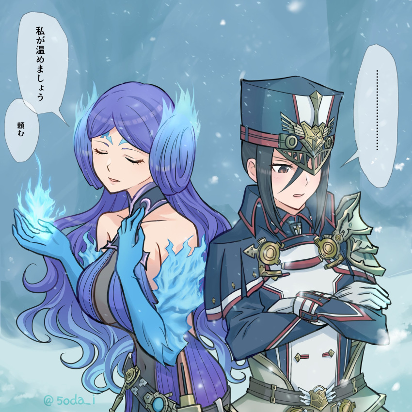 2girls artist_request breasts closed_eyes collarbone fire gloves hat highres kagutsuchi_(xenoblade) long_hair medium_breasts meleph_(xenoblade) military military_hat military_uniform multiple_girls pauldrons purple_hair reverse_trap short_hair simple_background smile translation_request uniform xenoblade_(series) xenoblade_2