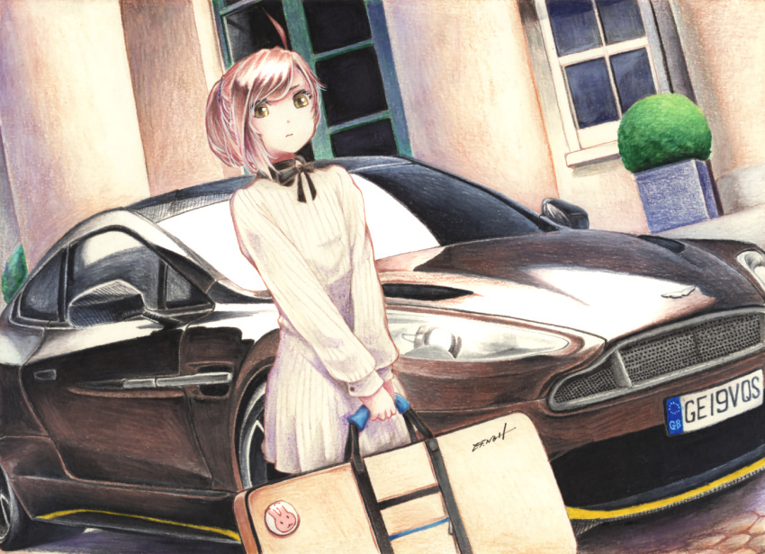 1girl ahoge aston_martin_vanquish_s braid building car closed_mouth cobblestone collared_dress commentary_request day dutch_angle green_eyes ground_vehicle license_plate millipen_(medium) motor_vehicle original outdoors plant potted_plant red_hair side_braid solo string_bowtie suitcase tesun_(g_noh) traditional_media watercolor_pencil_(medium) window
