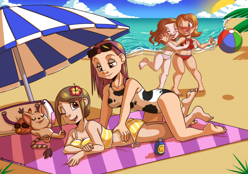 2019 anthro ball beach beach_ball bikini blush breast_grab breasts brown_eyes brown_hair caramel-kitteh cleavage clothed clothing digimon digimon_(species) eyes_closed eyewear felid female female/female flower flower_in_hair fur gatomon grabbing_from_behind hair hand_on_breast hikari_kamiya human looking_back lying mammal midriff mimi_tachikawa navel on_front one-piece_swimsuit one_eye_closed open_mouth open_smile outside plant poromon purple_hair seaside short_hair smile sora_takenouchi sunglasses surprise swimwear white_fur yolei_inoue