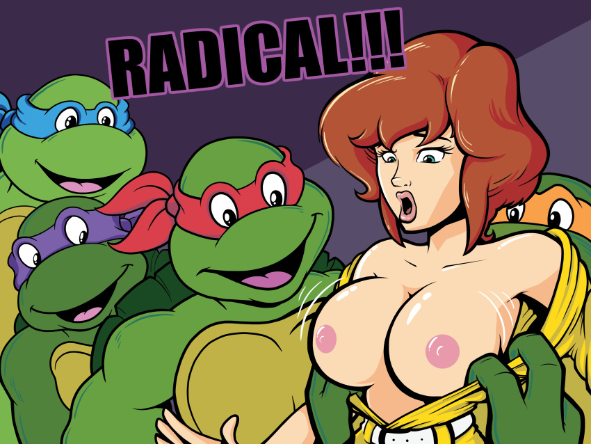 3_fingers 4:3 absurd_res anthro april_o'neil areola assisted_exposure breasts donatello_(tmnt) english_text eyelashes female fingers group hair hi_res human leonardo_(tmnt) lips looking_down mammal michelangelo_(tmnt) nipples open_mouth pooph raphael_(tmnt) reptile scalie shell smile teenage_mutant_ninja_turtles text turtle