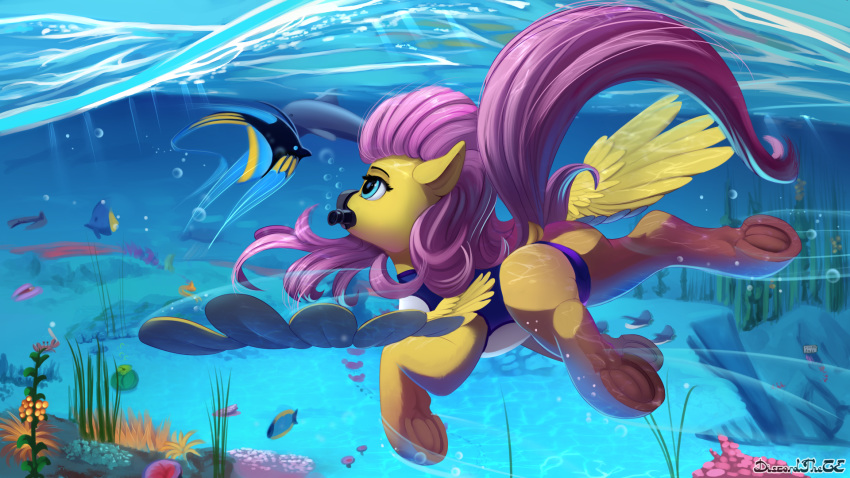 16:9 2019 blue_eyes discordthege equid equine feathered_wings feathers feral fish fluttershy_(mlp) friendship_is_magic group hair hi_res mammal marine my_little_pony pink_hair pterippus underhoof underwater water wings yellow_feathers