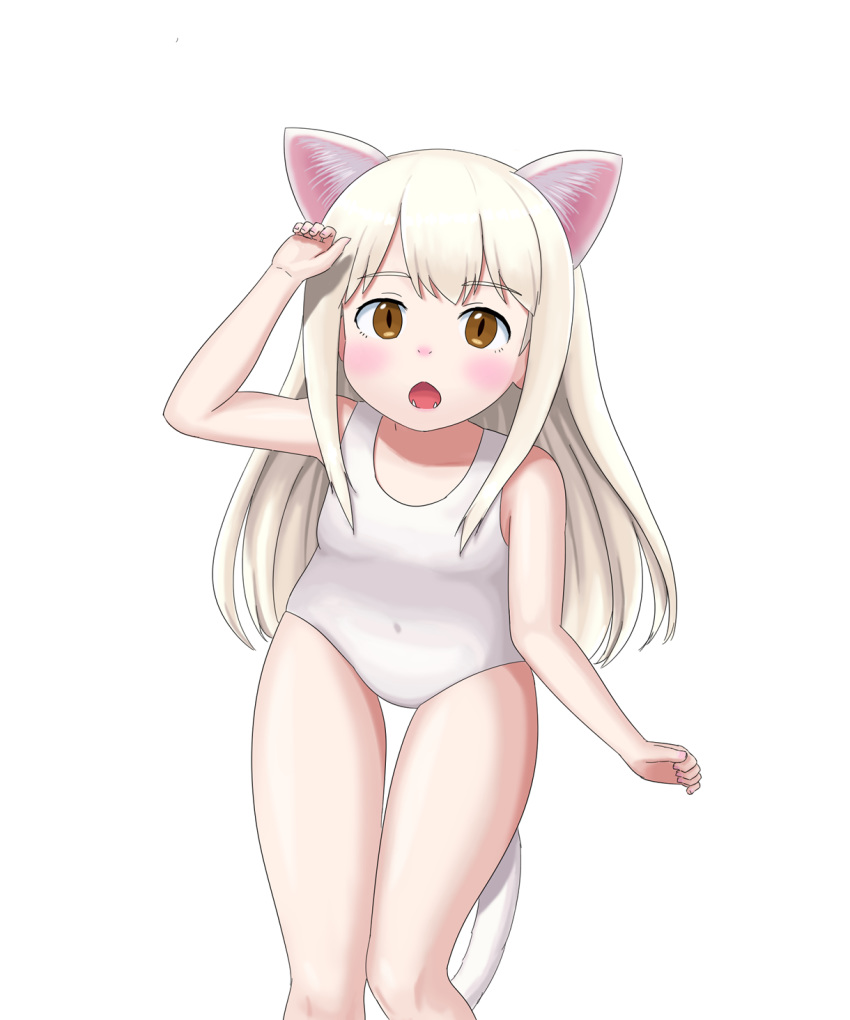 2019 amber_eyes animal_humanoid blonde_hair breasts cat_humanoid child clothed clothing fangs felid felid_humanoid feline feline_humanoid female hair hi_res humanoid mammal mammal_humanoid mitokon_dorian one-piece_swimsuit open_mouth simple_background slit_pupils small_breasts solo swimwear white_background young