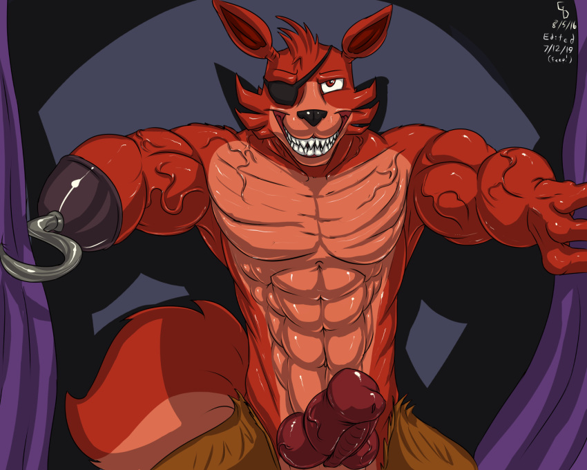 5:4 abs animal_genitalia animal_penis animatronic anthro biceps big_muscles bottomwear canid canine canine_penis clothed clothing erection eye_patch eyewear fangs five_nights_at_freddy's fox foxy_(fnaf) fur glenskunk grin hi_res hook hook_hand knot machine male mammal muscular open_pants pants pecs penis pirate presenting red_fur robot smile solo teeth topless vein veiny_penis video_games