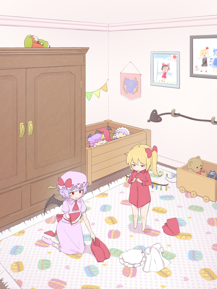 2girls armoire bare_legs bat_wings blonde_hair blue_hair bobby_socks character_doll chibi child_drawing cirno commentary_request cravat flandre_scarlet food from_above hair_ribbon hakurei_reimu hat hat_ribbon headwear_removed heart highres holding_skirt hong_meiling indoors izayoi_sakuya kanpa_(campagne_9) kneeling koakuma laevatein lavender_headwear lavender_legwear lavender_shirt lavender_skirt looking_to_the_side macaron mob_cap multiple_girls no_pants pajamas patchouli_knowledge picking_up picture_(object) picture_frame polka_dot puffy_short_sleeves puffy_sleeves red_eyes red_neckwear remilia_scarlet ribbon rug rumia shadow shirt shirt_removed short_hair short_sleeves siblings side_ponytail sisters skirt skirt_removed smile socks star stuffed_animal stuffed_toy teddy_bear touhou toy_box toy_robot undressing vest_removed white_shirt wings wooden_floor