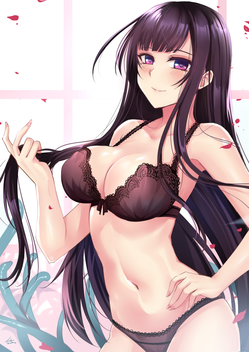 1girl absurdres ane_naru_mono bangs bare_arms bare_shoulders black_bra black_hair black_panties blush bra breasts check_character chiyo_(ane_naru_mono) cleavage collarbone commentary_request gu_li highres large_breasts long_hair looking_at_viewer mole mole_under_eye navel panties purple_eyes smile solo underwear