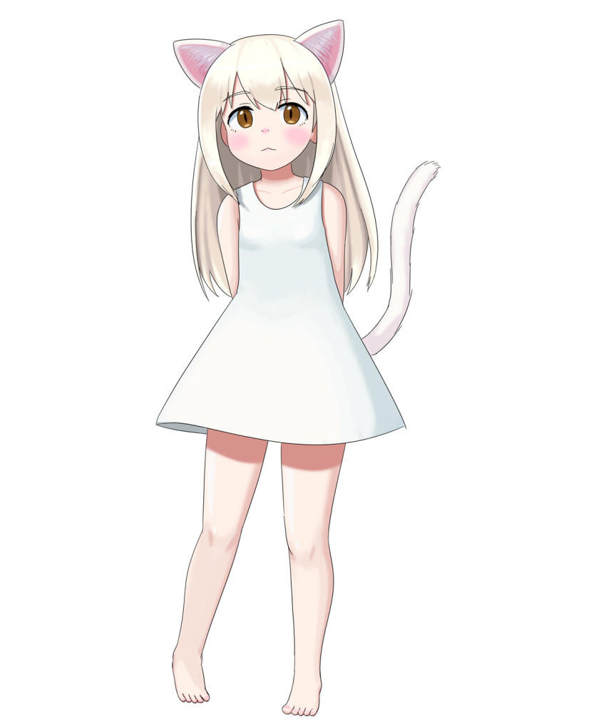 2019 amber_eyes animal_humanoid barefoot blonde_hair blush breasts cat_humanoid child clothed clothing dress felid felid_humanoid feline feline_humanoid female hair hand_behind_back hi_res humanoid mammal mammal_humanoid mitokon_dorian simple_background slit_pupils small_breasts solo white_background young