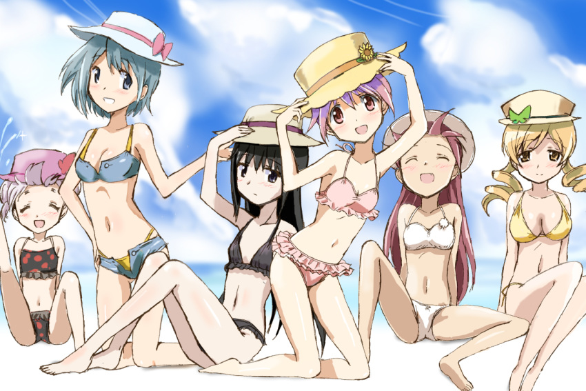 6+girls akemi_homura beach bikini black_bikini black_eyes black_hair blonde_hair blue_bikini blue_eyes blue_hair blue_sky breasts cleavage closed_eyes cloud commentary_request day disconnected_mouth drill_hair fang frilled_bikini frills hat kaname_madoka kinfuji kneeling large_breasts long_hair looking_at_viewer mahou_shoujo_madoka_magica mahou_shoujo_madoka_magica_movie medium_breasts miki_sayaka momoe_nagisa multiple_girls open_fly open_mouth outdoors pink_bikini pink_eyes pink_hair red_hair sakura_kyouko short_hair shorts sitting sky small_breasts smile swimsuit tomoe_mami twin_drills twintails two_side_up white_bikini white_hair yellow_bikini yellow_eyes