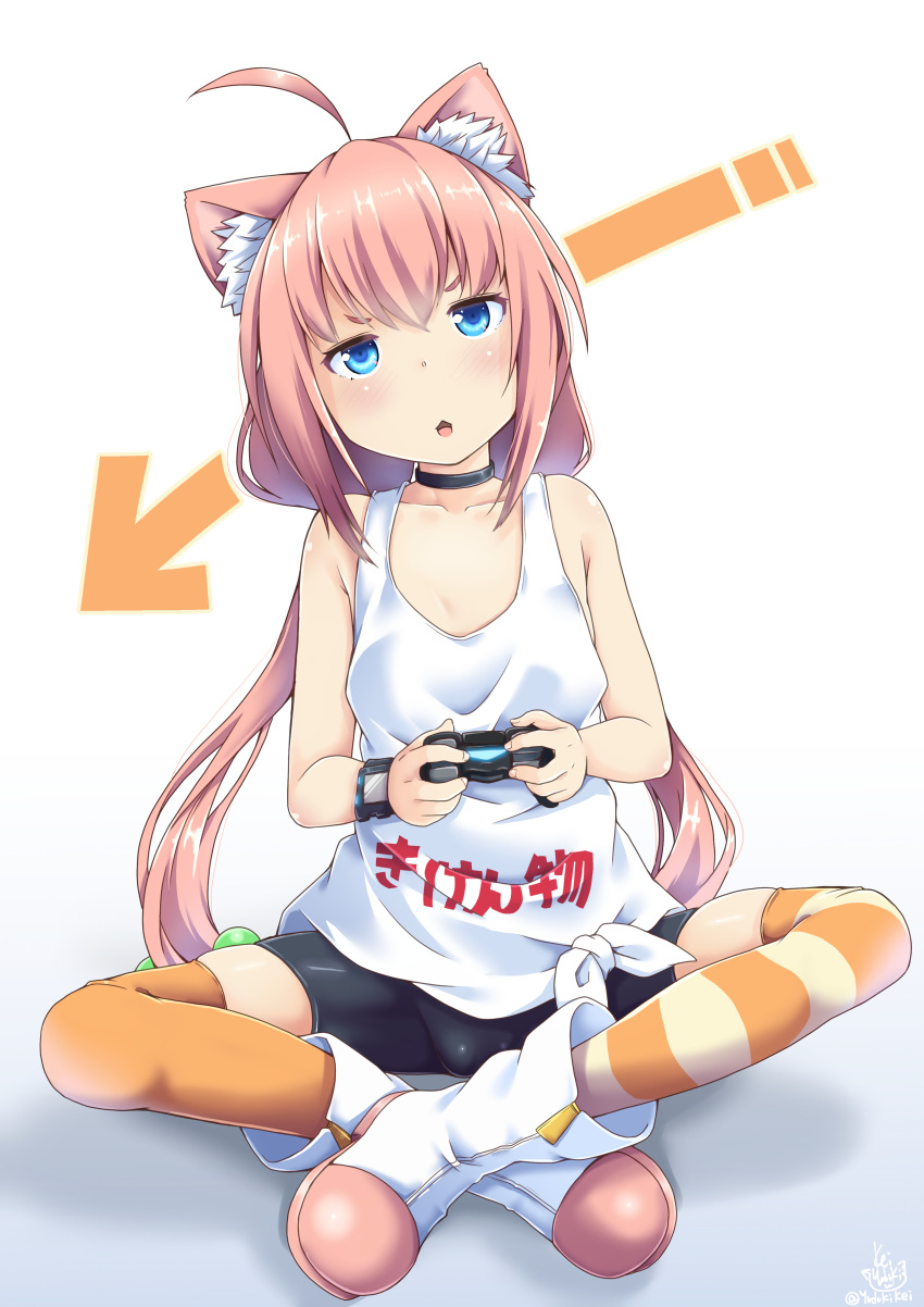 1girl absurdres ahoge animal_ear_fluff animal_ears bangs bike_shorts black_choker black_shorts boots cat_ears choker collarbone controller crossed_ankles game_controller hair_bobbles hair_ornament highres hinata_channel indian_style loose_clothes low_twintails mismatched_legwear nekomiya_hinata open_mouth orange_legwear pink_hair shorts simple_background sitting solo striped striped_legwear tank_top thighhighs twintails vest virtual_youtuber white_footwear white_tank_top white_vest yuzuki_kei zipper_pull_tab