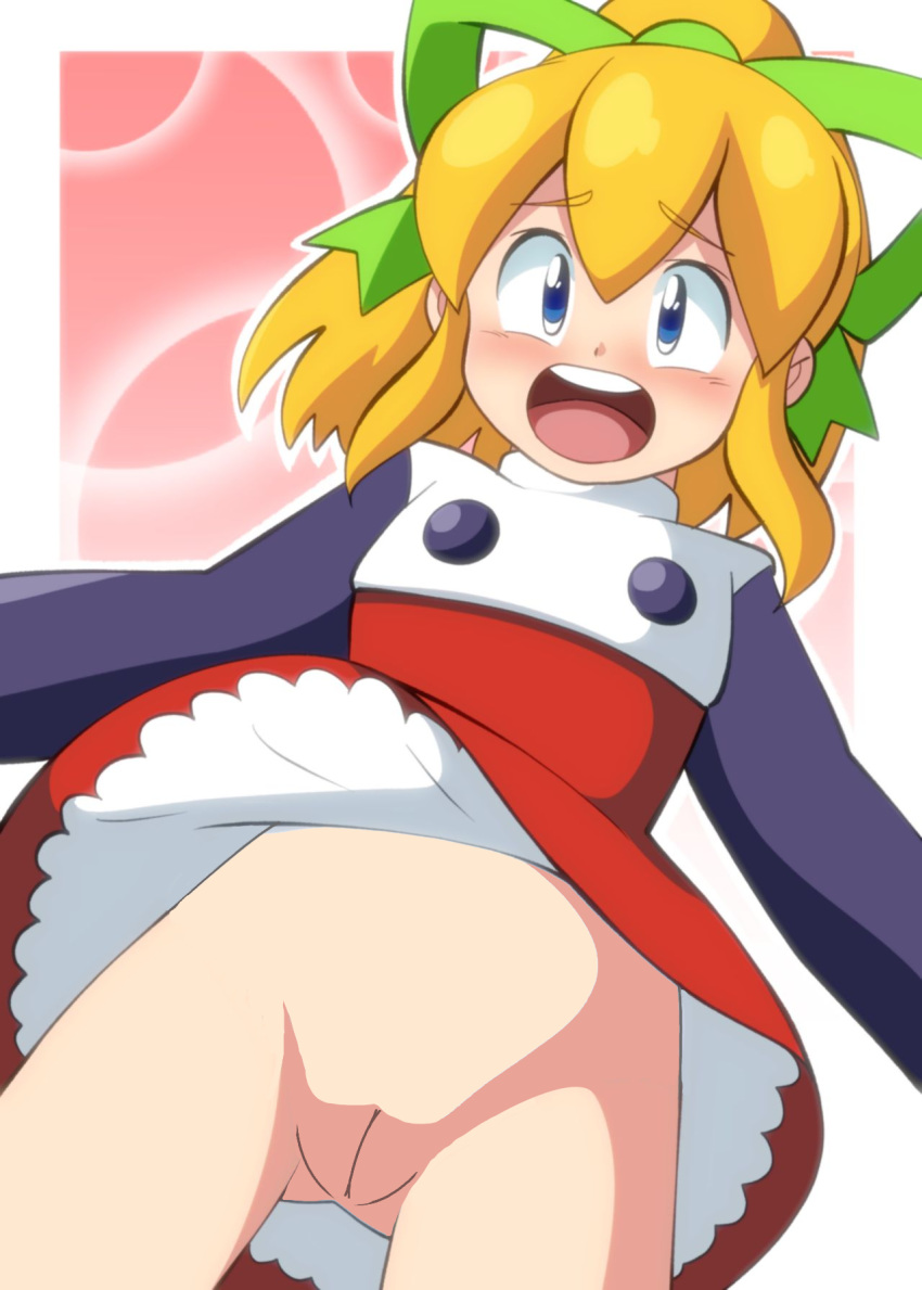 1girl blonde_hair blue_eyes blush bottomless capcom dress edit eyebrows eyebrows_visible_through_hair female female_focus female_only hair hair_bow hair_ornament hair_ribbon looking_at_viewer mega_man mugai no_panties open_mouth pussy robot robot_girl rockman rockman_(classic) roll skirt skirt_lift solo solo_focus teeth tongue vagina