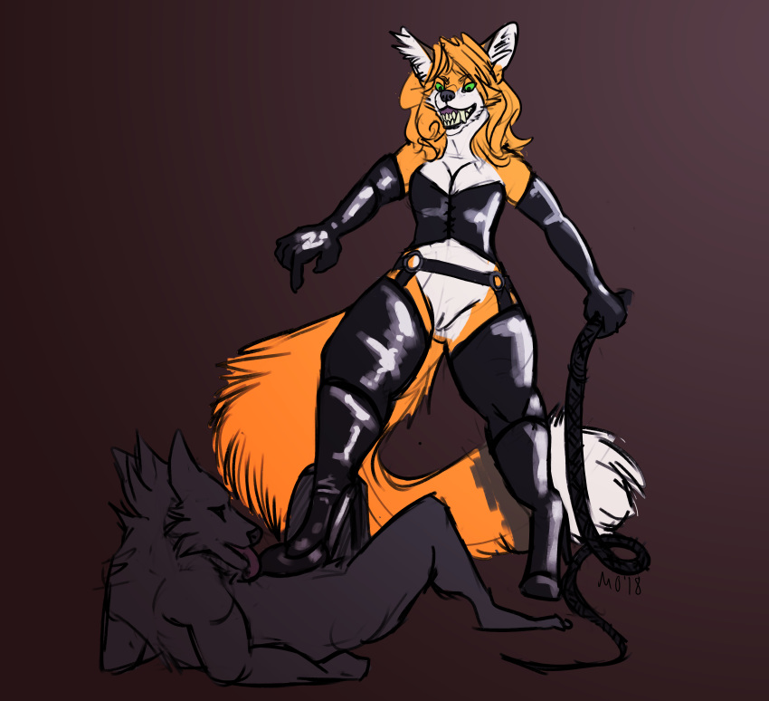 2018 absurd_res anthro breasts canid canine clothing digital_media_(artwork) domination dominatrix duo female female_domination fox gesture hi_res leggings legwear mammal mongrelist nude pointing pointing_down predatory_grin rubber simple_background smile stepped_on stockings stuck_out_tongue teeth vixxen_rosenrot whip