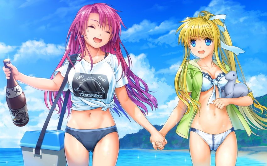 air beach bikini blonde_hair blue_eyes fang kamio_haruko kamio_misuzu moonknives pink_hair swimsuit