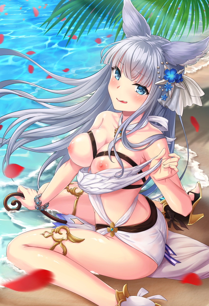 1girl :q absurdres animal_ears areolae bangs bare_shoulders beach bikini blue_eyes blue_flower blunt_bangs blush bracelet breasts closed_mouth collarbone commentary_request day erune eyebrows_visible_through_hair eyelashes flower granblue_fantasy hair_flower hair_ornament high_heels highres jewelry korwa large_breasts long_hair looking_at_viewer misakam5 navel nipples outdoors palm_leaf palm_tree petals sand sidelocks silver_hair sitting smile solo star star_hair_ornament stomach swimsuit tongue tongue_out tree very_long_hair wariza water