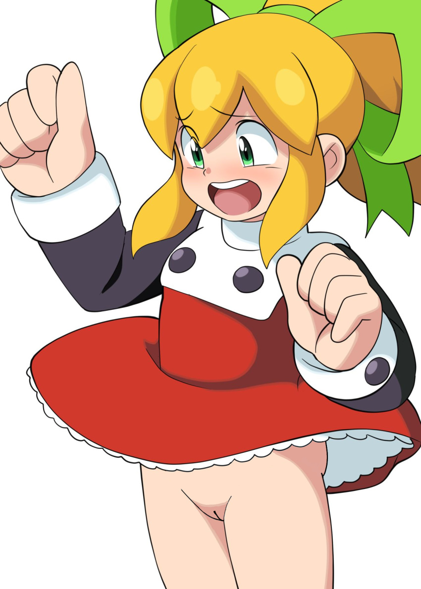 1girl blonde_hair bottomless capcom clothed clothing dress edit eyebrows eyebrows_visible_through_hair female female_focus female_only green_eyes hair hair_bow hair_ornament hair_ribbon looking_down mega_man mugai no_panties open_mouth pussy robot robot_girl rockman rockman_(classic) roll skirt skirt_lift solo solo_focus teeth tongue vagina worried