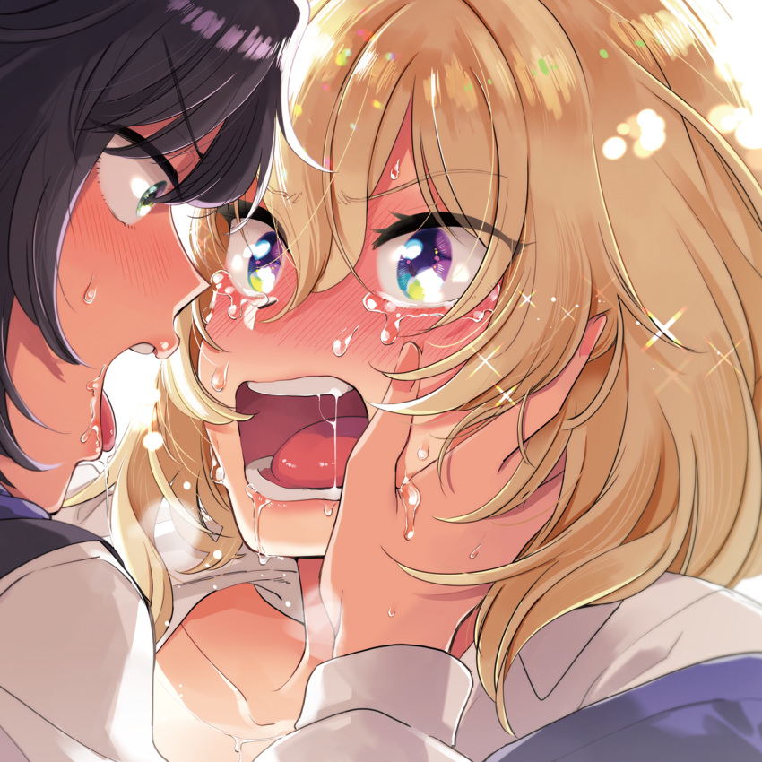 2girls after_kiss andou_(girls_und_panzer) bangs bc_freedom_school_uniform black_hair blonde_hair blue_eyes blue_sweater blush brown_eyes check_commentary collarbone commentary_request crying dark_skin eyebrows_visible_through_hair face-to-face girls_und_panzer hand_on_another's_cheek hand_on_another's_face highres long_sleeves looking_at_another medium_hair messy_hair multiple_girls open_mouth oshida_(girls_und_panzer) saliva school_uniform shirt sparkle sweatdrop sweater sweater_around_neck tears teeth tongue undressing v-shaped_eyebrows vest yukataro yuri