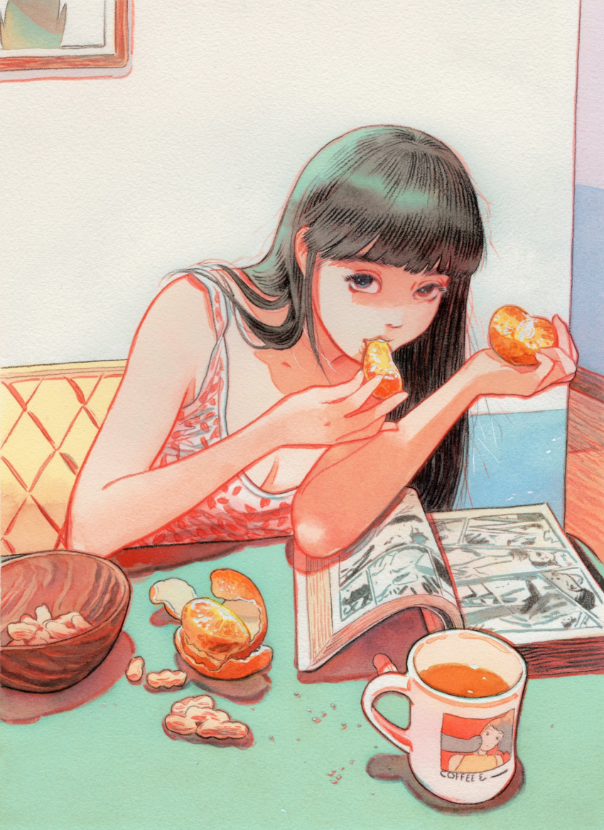 1girl bangs black_hair blunt_bangs book breasts cleavage cup drink eating food fruit highres little_thunder long_hair open_book orange orange_peel original peanut sleeveless solo teeth