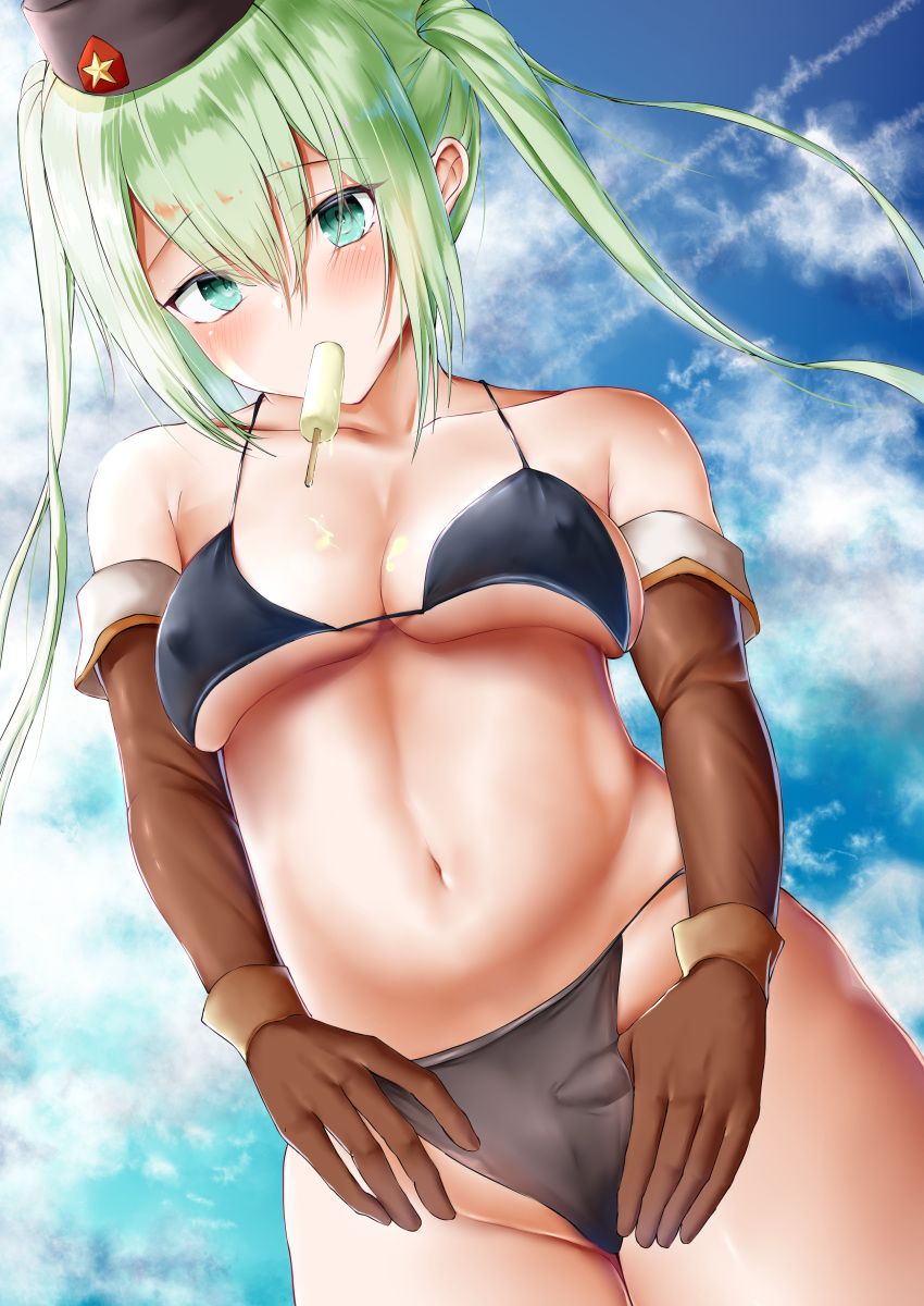 1girl absurdres bangs bare_shoulders bikini bikini_bottom bikini_top black_bikini black_bikini_bottom black_bikini_top blush breasts brown_gloves cameltoe cleavage cloud cloudy_sky collarbone cowboy_shot elbow_gloves eyebrows_visible_through_hair food girls_frontline gloves green_eyes green_hair hair_between_eyes hands_on_hips highres looking_at_viewer micro_uzi_(girls_frontline) minori_cony navel popsicle popsicle_stick sidelocks sky solo stomach swimsuit twintails underboob