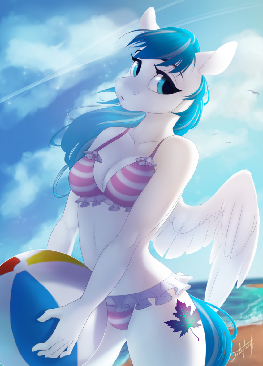 2019 5_fingers absurd_res anthro bikini blue_eyes blue_hair breasts clothed clothing cutie_mark day detailed_background digital_media_(artwork) equid equine fan_character feathered_wings feathers female fingers hair hi_res mammal my_little_pony outside pterippus silentwulv sky solo swimwear white_feathers wings