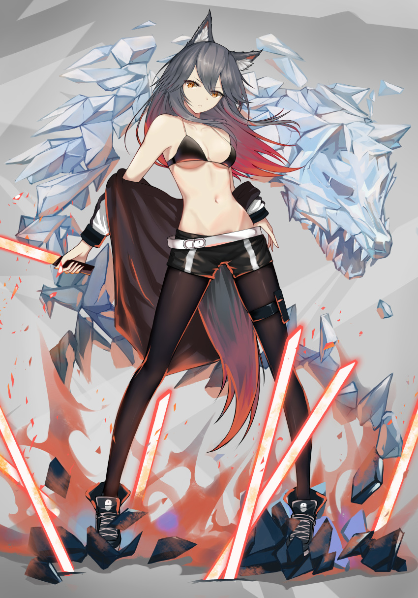 1girl absurdres animal_ears arknights bangs black_bra black_hair black_legwear black_shorts boots bra brown_eyes commentary_request expressionless full_body grey_hair hair_between_eyes highres holding holding_sword holding_weapon huijin_zhi_ling jacket jacket_pull legwear_under_shorts long_hair navel pantyhose shorts solo standing sword tail texas_(arknights) underwear weapon white_jacket wolf_ears wolf_tail