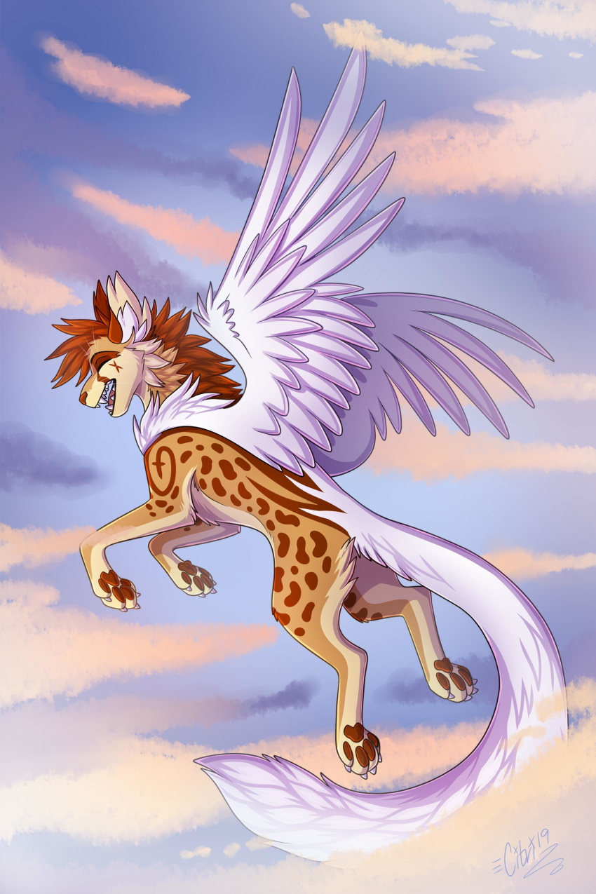 2019 4_toes absurd_res brown_hair brown_nose cheetah citrinelle day detailed_background digital_media_(artwork) eyes_closed feathered_wings feathers felid feline fur hair hi_res hybrid king/+cheetah king_cheetah mammal outside simple_background sky smile tan_fur toes white_feathers wings