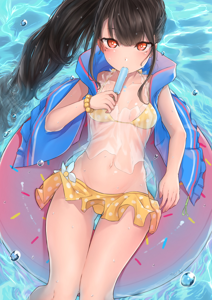 1girl absurdres alternate_costume black_hair breasts c-ms_(girls_frontline) collarbone commentary food girls_frontline highres innertube kongthegrain long_hair looking_at_viewer mole mole_under_eye navel popsicle red_eyes sitting small_breasts solo swimsuit water water_drop wet