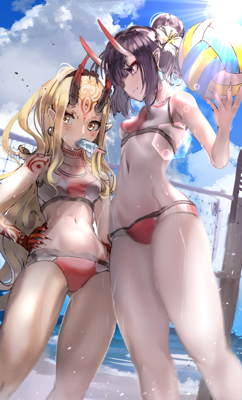2girls bangs bare_shoulders beach blonde_hair blue_sky breasts closed_mouth collarbone earrings eyeliner facial_mark fate/grand_order fate_(series) flower food forehead_mark hair_bun hair_flower hair_ornament highres horns ibaraki_douji_(fate/grand_order) jewelry long_hair makeup mouth_hold multiple_girls nakasaku-p navel oni oni_horns pointy_ears ponytail popsicle purple_eyes purple_hair short_eyebrows short_hair shuten_douji_(fate/grand_order) sky small_breasts sports_bra sportswear sunlight tattoo thighs volleyball volleyball_net yellow_eyes