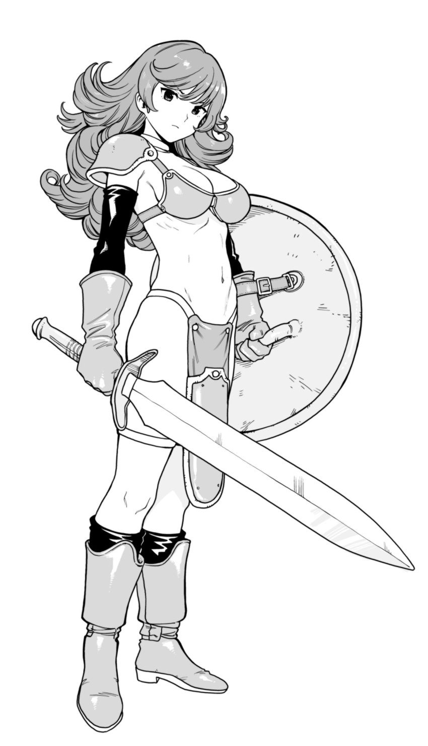 1girl absurdres armor bikini_armor circlet dragon_quest dragon_quest_iii elbow_gloves full_body gloves hair_ornament helmet highres looking_at_viewer mitre monochrome nishi_yusuke shield short_hair shoulder_pads simple_background soldier_(dq3) solo sword thigh_strap weapon winged_helmet