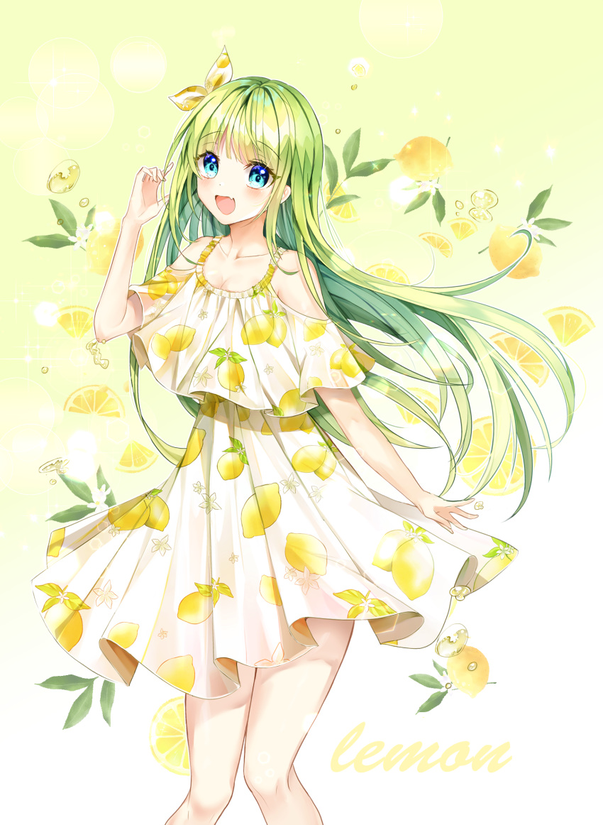 1girl :d bangs blue_eyes blush breasts cleavage collarbone commentary dress english_commentary english_text eyebrows_visible_through_hair fang food fruit green_hair hair_ribbon hand_up highres lemon lemon_print lemon_slice long_hair looking_at_viewer medium_breasts miyo_(user_zdsp7735) open_mouth original pleated_dress print_dress ribbon shoulder_cutout smile solo very_long_hair white_dress white_ribbon