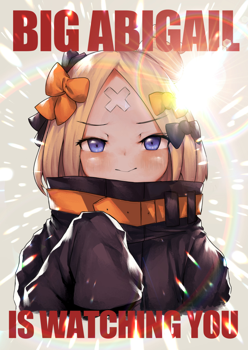 1984 1girl abigail_williams_(fate/grand_order) absurdres backlighting bangs black_bow black_jacket blonde_hair blue_eyes blush bow character_name closed_mouth commentary_request cropped_torso english_text fate/grand_order fate_(series) grey_background hair_bow hair_bun hand_up heroic_spirit_traveling_outfit highres huge_filesize jacket long_hair long_sleeves looking_at_viewer nichigeckoh orange_bow parted_bangs simple_background sleeves_past_fingers sleeves_past_wrists solo upper_body