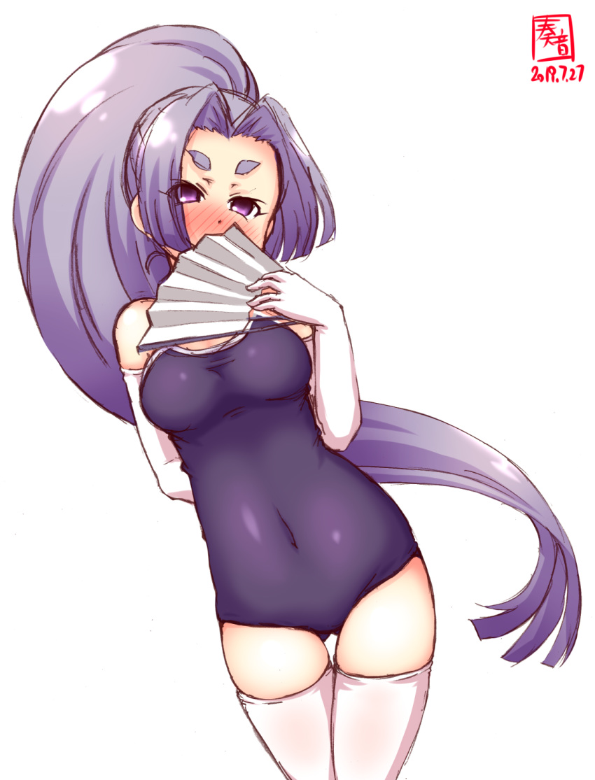 1girl alternate_costume arm_behind_back artist_logo ass_visible_through_thighs blue_swimsuit blush breasts collarbone covered_navel cowboy_shot dated elbow_gloves eyebrows fan feet_out_of_frame folding_fan gloves hatsuharu_(kantai_collection) highres kanon_(kurogane_knights) kantai_collection long_hair looking_at_viewer medium_breasts new_school_swimsuit one-piece_swimsuit ponytail purple_eyes purple_hair school_swimsuit shide short_eyebrows signature simple_background solo swimsuit thighhighs white_background white_gloves white_legwear