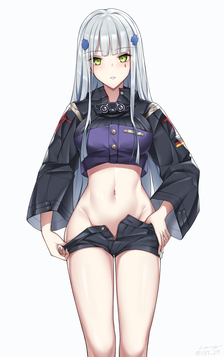 1girl blush breasts facial_mark girls_frontline green_eyes groin hair_ornament highres hk416_(girls_frontline) long_hair navel parted_lips shorts silver_hair simple_background solo vvy white_background