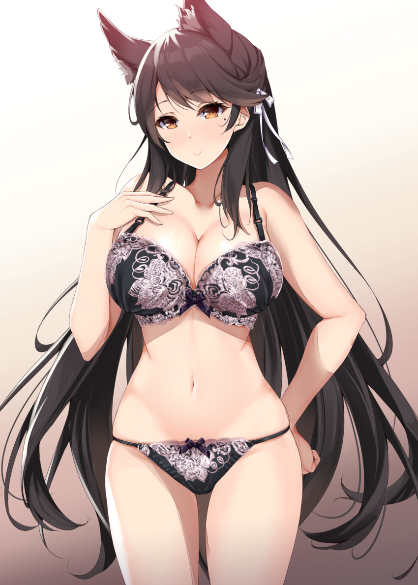 1girl animal_ear_fluff animal_ears atago_(azur_lane) azur_lane bangs bare_arms bare_shoulders black_bow black_bra black_hair black_panties blush bow bow_bra bow_panties bra breasts brown_eyes cleavage closed_mouth collarbone eyebrows_visible_through_hair fukuda_shuushi gradient gradient_background hair_bow hair_ribbon hand_on_hip hand_on_own_chest hand_up highres large_breasts lingerie lips long_hair looking_at_viewer mole mole_under_eye navel panties ribbon shiny shiny_hair shiny_skin simple_background skindentation smile solo standing stomach string_panties swept_bangs thighs tied_hair underwear underwear_only very_long_hair white_ribbon