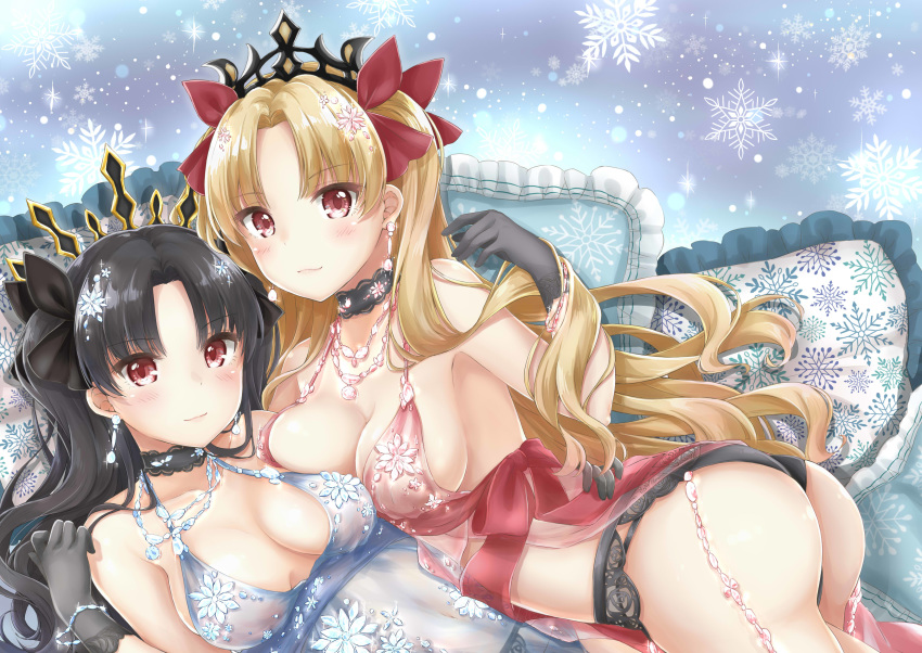 2girls absurdres black_choker black_gloves black_hair black_headwear black_panties black_ribbon blonde_hair blush breasts breasts_apart choker cleavage commentary_request earrings ereshkigal_(fate/grand_order) fate/grand_order fate_(series) gloves hair_ribbon highres ishtar_(fate/grand_order) jewelry lingerie long_hair looking_at_viewer medium_breasts mikujin_(mikuzin24) multiple_girls panties pillow pixiv_fate/grand_order_contest_1 red_eyes red_ribbon ribbon royal_icing see-through siblings sisters small_breasts snowflake_background snowflake_print tiara two_side_up underwear