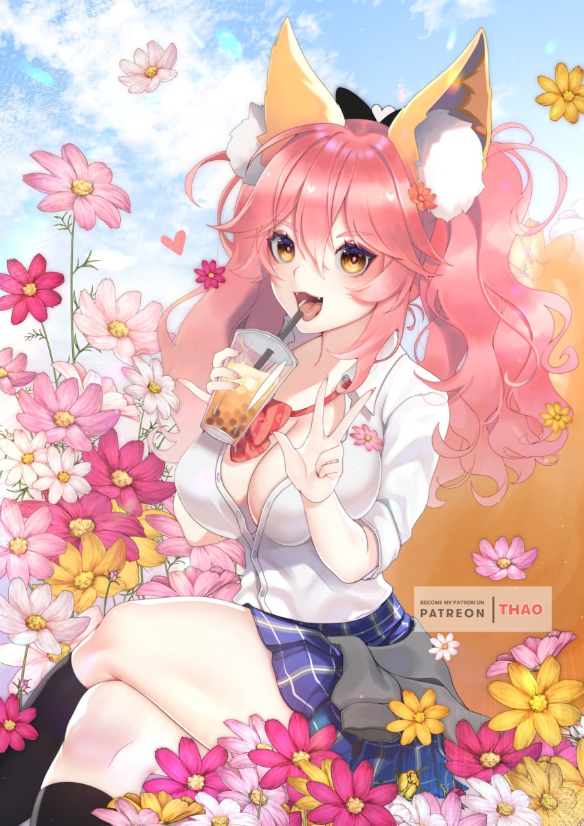 animal_ear_fluff animal_ears black_legwear breasts bubble_tea cleavage clothes_around_waist crossed_legs drinking_straw eyebrows_visible_through_hair fangs fate/grand_order fate_(series) flower fox_ears fox_tail highres jacket_around_waist kneehighs large_breasts long_hair miniskirt open_clothes open_mouth open_shirt orange_eyes patreon_username pink_hair pinky_out plaid plaid_skirt school_uniform shirt sitting skirt sky smile tail tamamo_(fate)_(all) tamamo_jk_(fate) tomathao tongue twintails v white_shirt