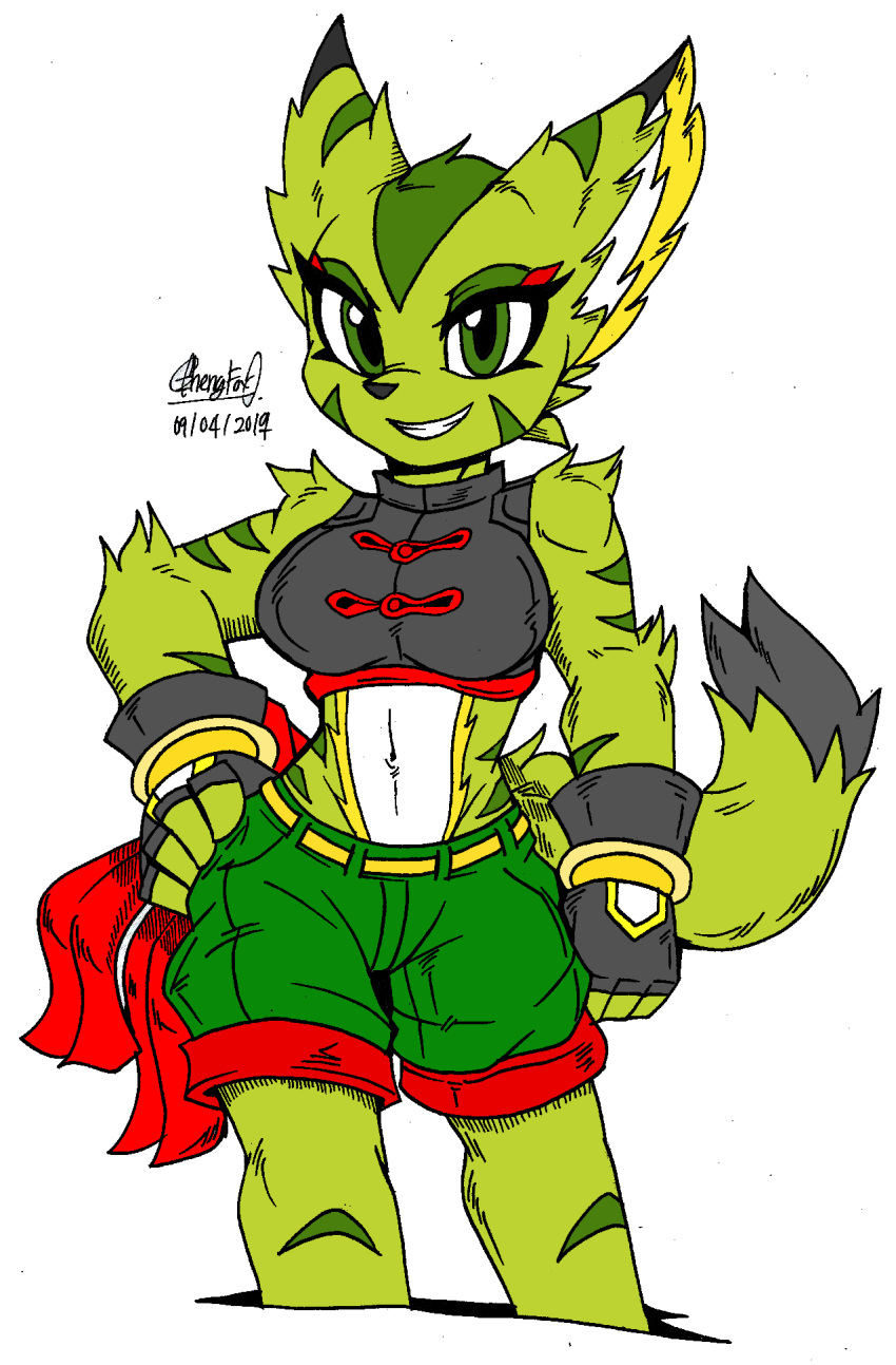 2019 anthro bottomwear breasts carol_tea clothed clothing dipstick_tail felid feline felis female fingerless_gloves freedom_planet freedom_planet_2 fur gloves green_eyes green_fur handwear hi_res mammal midriff multicolored_tail open_mouth open_smile scarf shorts smile solo video_games wildcat zhengfox