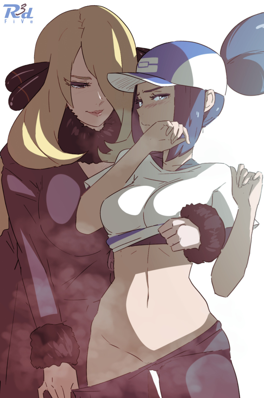 2girls age_difference artist_name assisted_exposure baseball_cap black_hair blonde_hair blue_eyes breasts bustier character_request fur_trim grey_eyes hair_over_one_eye hat high_ponytail highres huge_breasts leaning_forward lips long_hair long_sleeves medium_breasts midriff multiple_girls navel no_panties pants_pull pokemon pokemon_(game) pokemon_masters r3dfive shirona_(pokemon) shirt_lift short_sleeves stomach yuri