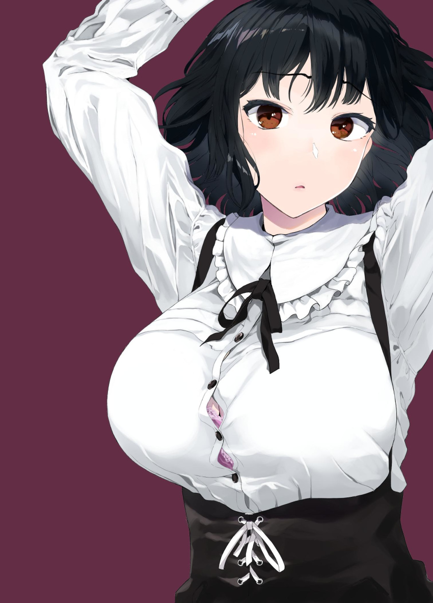 1girl arms_up bangs black_skirt blush bra breasts brown_eyes buttons cleavage corset eightman highres large_breasts long_sleeves original parted_lips pink_bra red_background shirt short_hair simple_background skirt solo underwear wavy_hair white_shirt