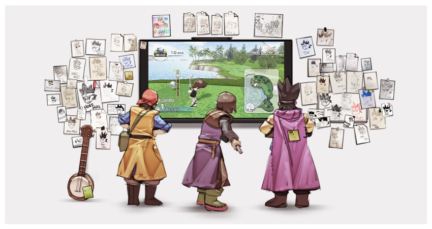 3boys absurdres banjo boots brown_footwear cape circlet controller dragon_quest dragon_quest_iii dragon_quest_viii dragon_quest_xi game_controller grey_background hero_(dq11) hero_(dq8) highres instrument male_focus multiple_boys nin_nakajima playing_games roto simple_background sticky_note super_smash_bros. television tunic whiteboard wii_remote wii_sports yellow_footwear