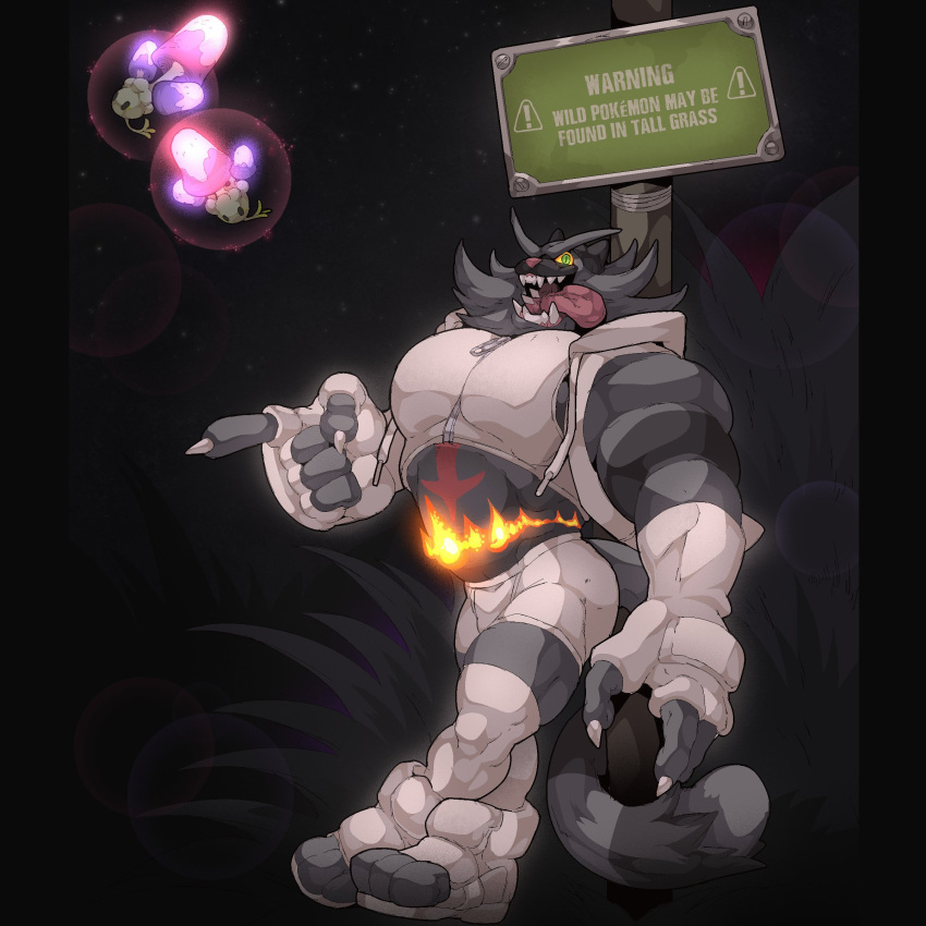 1:1 2019 3_toes absurd_res alternate_color anthro big_hands black_fur bottomwear claws clothing fingerless_gloves fire floatiesoda fur gloves grass green_eyes grey_fur handwear hi_res hoodie incineroar leggings legwear looking_at_viewer male midriff morelull musclegut muscular muscular_male night nintendo open_hoodie open_mouth open_smile pecs pok&eacute;mon pok&eacute;mon_(species) sharp_claws sharp_teeth shorts sign smile solo_focus teeth toeless_shoes toes tongue tongue_out topwear video_games yellow_sclera