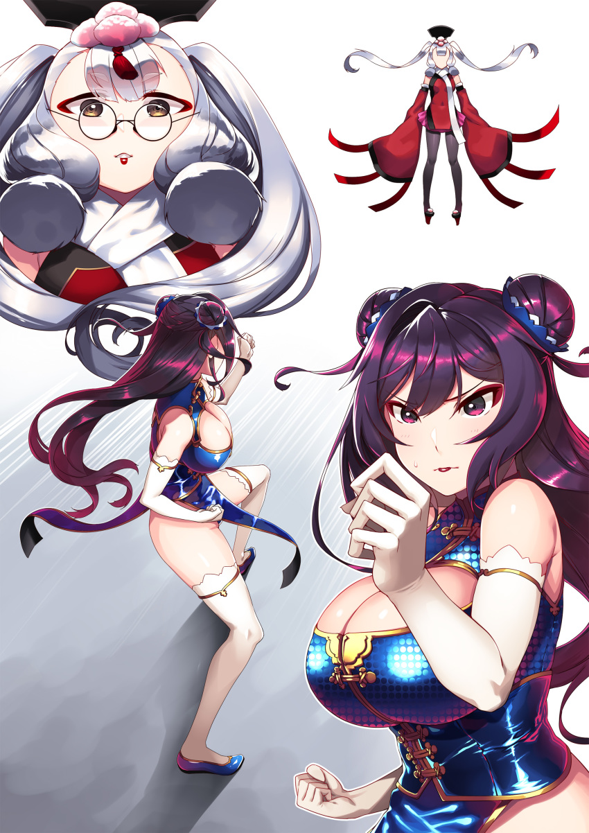 2girls absurdres bangs black_legwear breasts brown_eyes china_dress chinese_clothes cleavage clenched_hand detached_sleeves double_bun dress elbow_gloves eyebrows_visible_through_hair eyeliner female_admiral_(kantai_collection) glasses gloves hair_between_eyes hat hiememiko highres kantai_collection lipstick long_hair makeup multiple_girls murakumo_(kantai_collection) pantyhose purple_eyes red_lipstick silver_hair sleeves_past_wrists spread_legs sweatdrop thighband_pantyhose thighhighs twintails very_long_hair white_gloves white_legwear